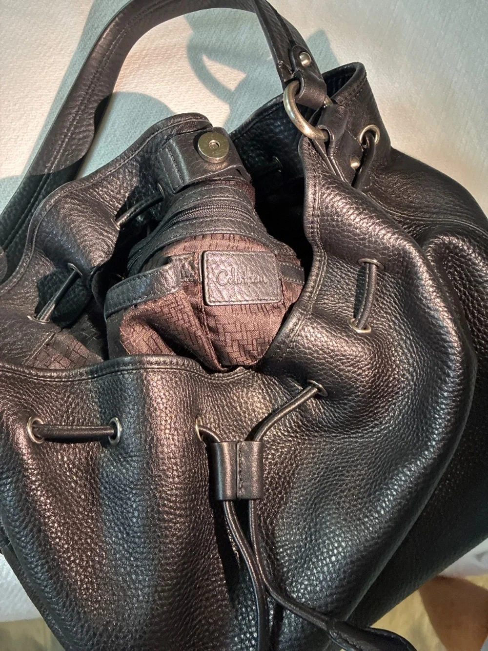 Authentic Cole Haan Black Pebbled Leather Drawstring Hobo Bag